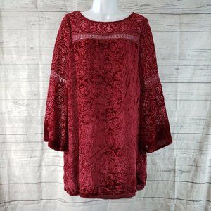 Clover + Scout Womens Tunic Top Sz Large Red‎ Crochet Long Sleeve